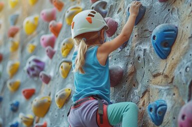 Child climbing on a colourful climbing wall | © <a href="https://www.freepik.com/free-ai-image/woman-bouldering-gym_272708218.htm#fromView=search&page=1&position=18&uuid=4e6452dd-c824-4bd9-99cd-6f908222fd1d&query=kletterwand+kind">Image by freepik</a>